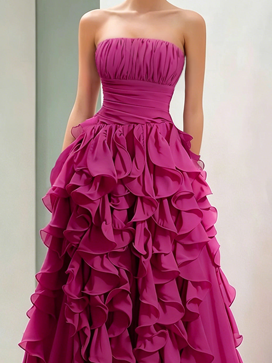 Strapless Magenta Ruffled Ball Gown