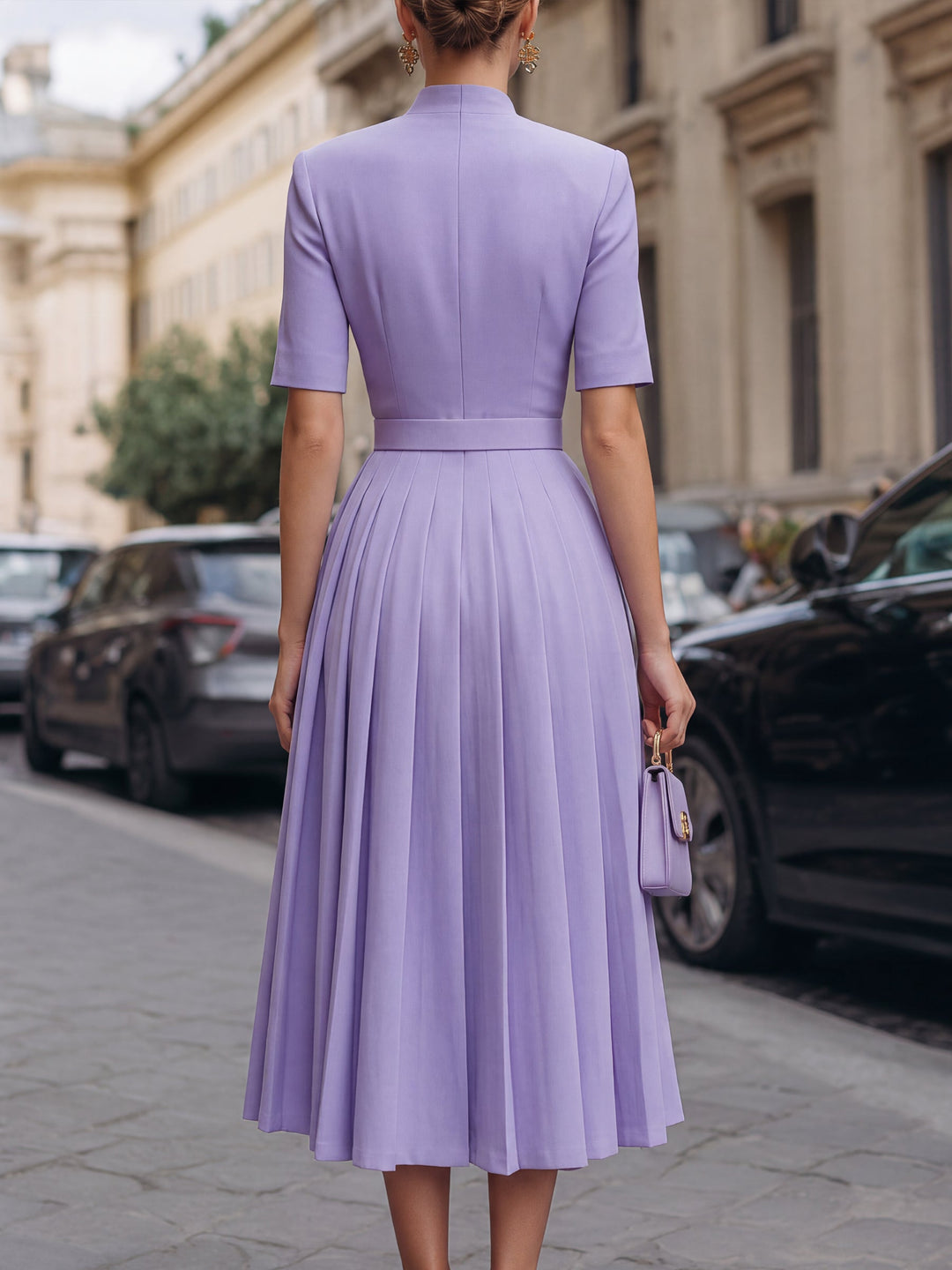 Tailored Button-Front Pleated Midi Dress