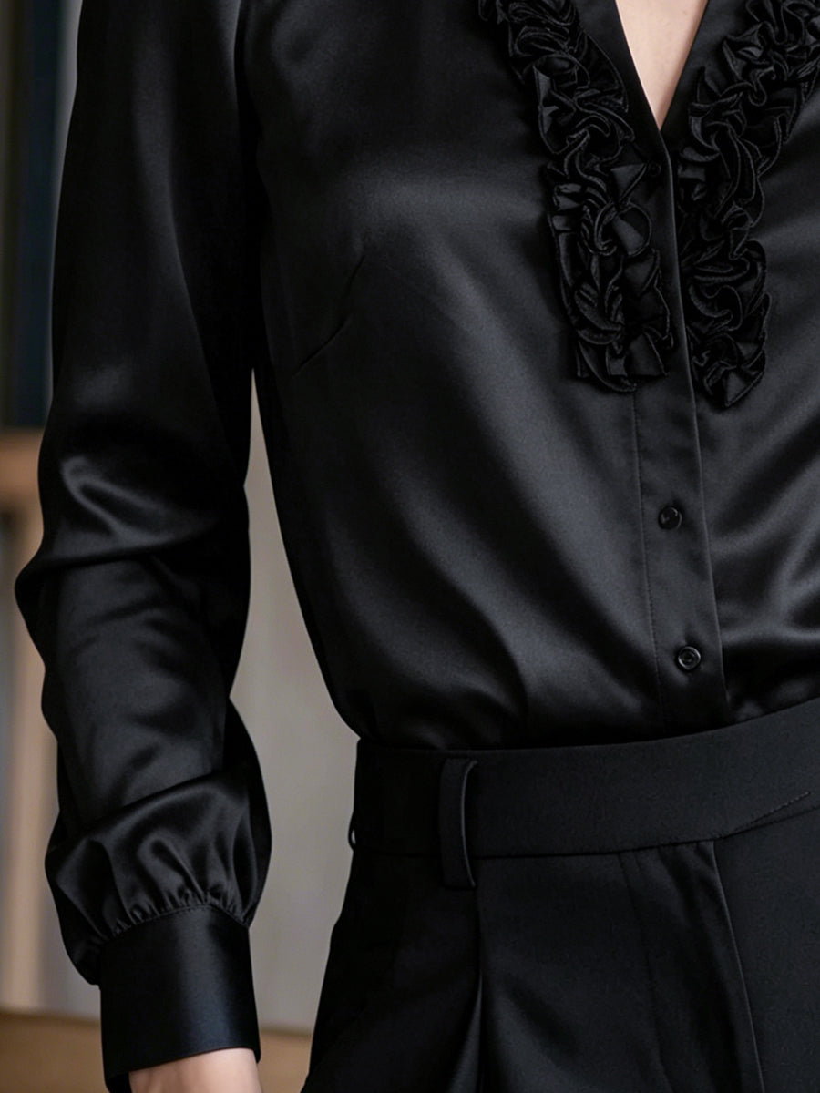 Black Satin Ruffled V-Neck Long Sleeve Blouse