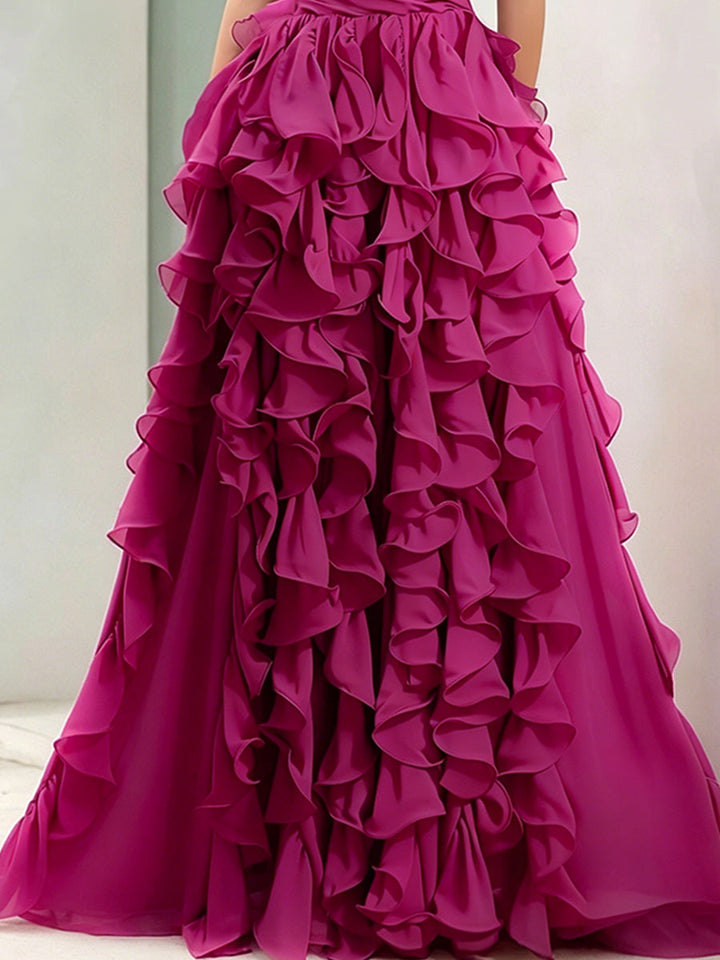 Strapless Magenta Ruffled Ball Gown