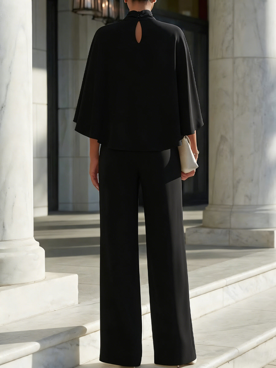 Cape-Sleeve High-Neck Blouse & Slit Wide-Leg Trousers Set