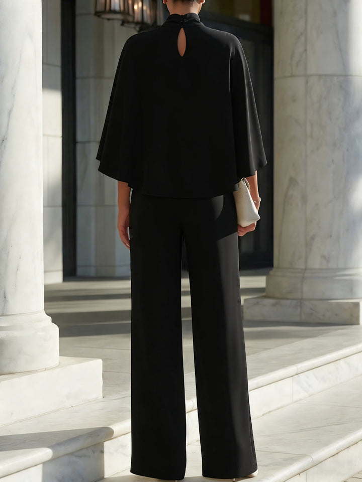 Cape-Sleeve High-Neck Blouse & Slit Wide-Leg Trousers Set