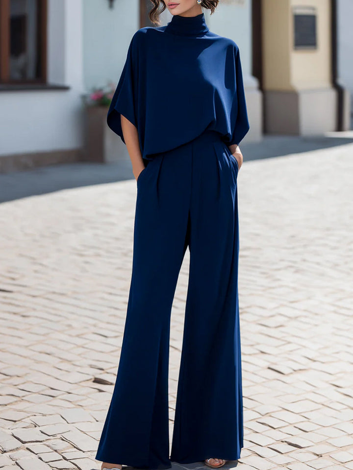 Minimalist High-Neck Draped Blouse & Wide-Leg Trouser Set