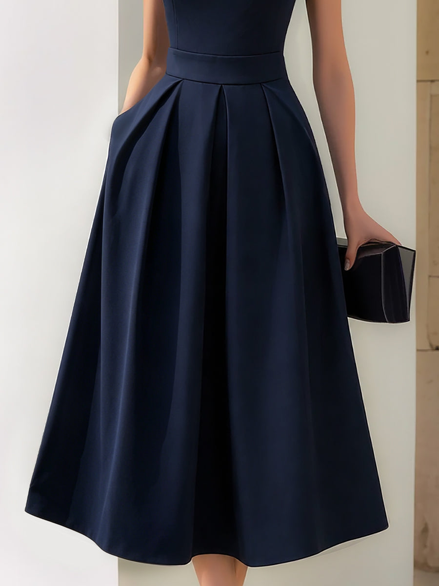 Strapless Structured A-Line Pleated Midi Dress