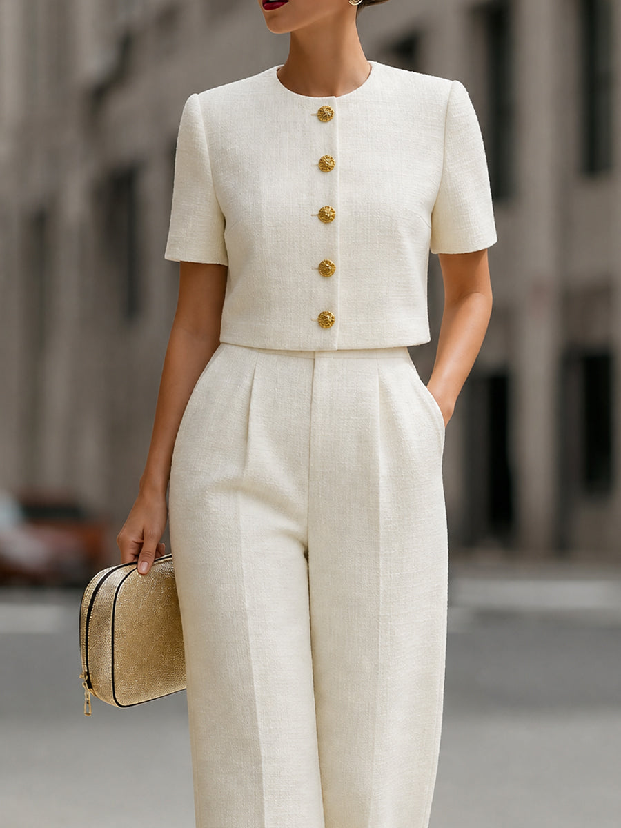 Tweed Cropped Short-Sleeve Jacket & High-Waisted Wide-Leg Pants Two-Piece Set