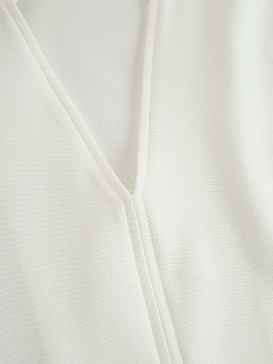 Ivory Stand Collar Split Neck Blouse & Wide-Leg Pants Two-Piece Suit
