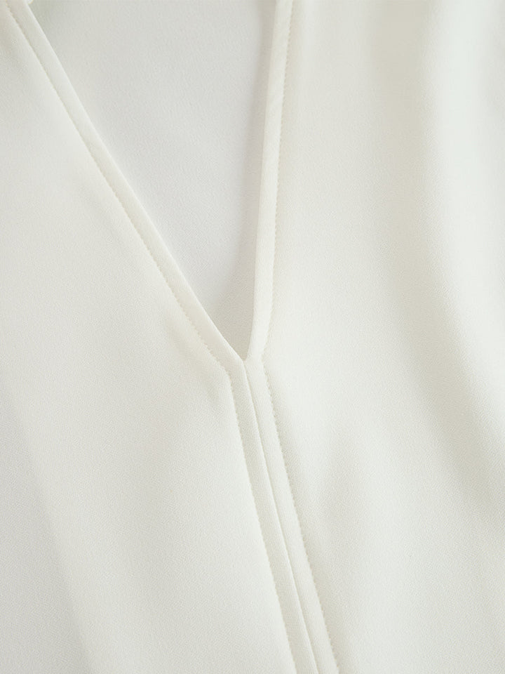 Ivory Stand Collar Split Neck Blouse & Wide-Leg Pants Two-Piece Suit