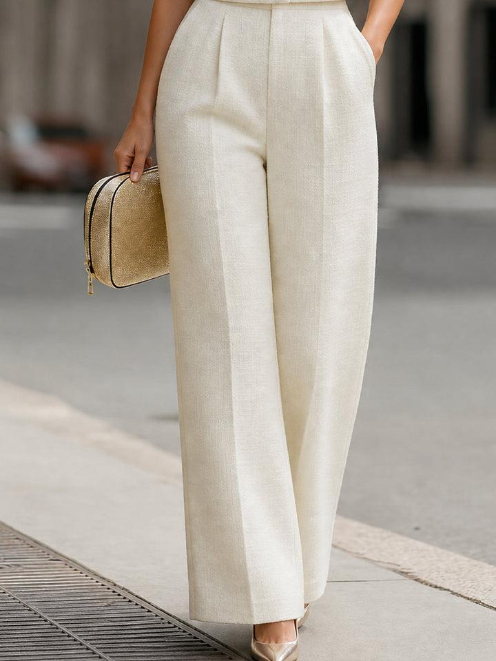 Tweed Cropped Short-Sleeve Jacket & High-Waisted Wide-Leg Pants Two-Piece Set