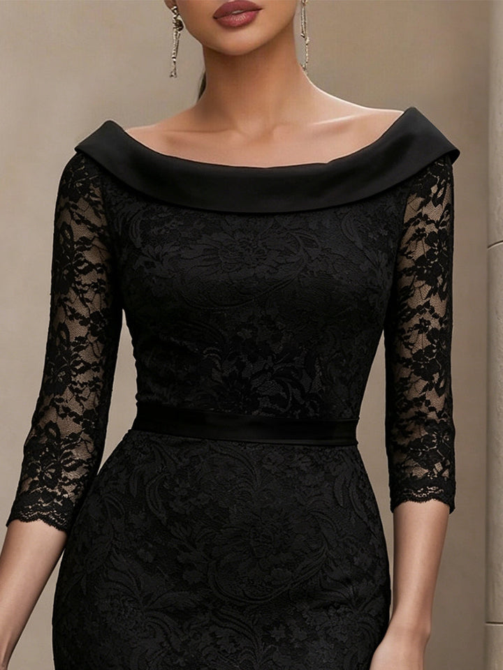 Black Lace Off-Shoulder Midi Sheath Dress With Satin Collar