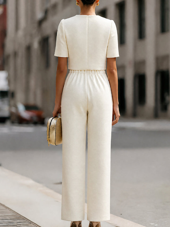 Tweed Cropped Short-Sleeve Jacket & High-Waisted Wide-Leg Pants Two-Piece Set