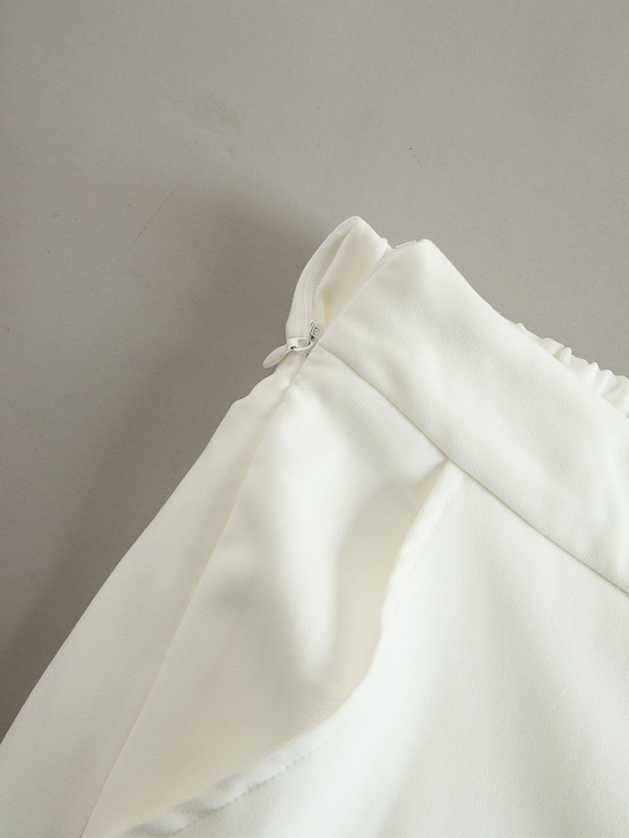 Ivory Stand Collar Split Neck Blouse & Wide-Leg Pants Two-Piece Suit
