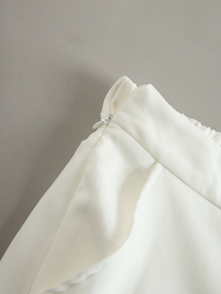 Ivory Stand Collar Split Neck Blouse & Wide-Leg Pants Two-Piece Suit