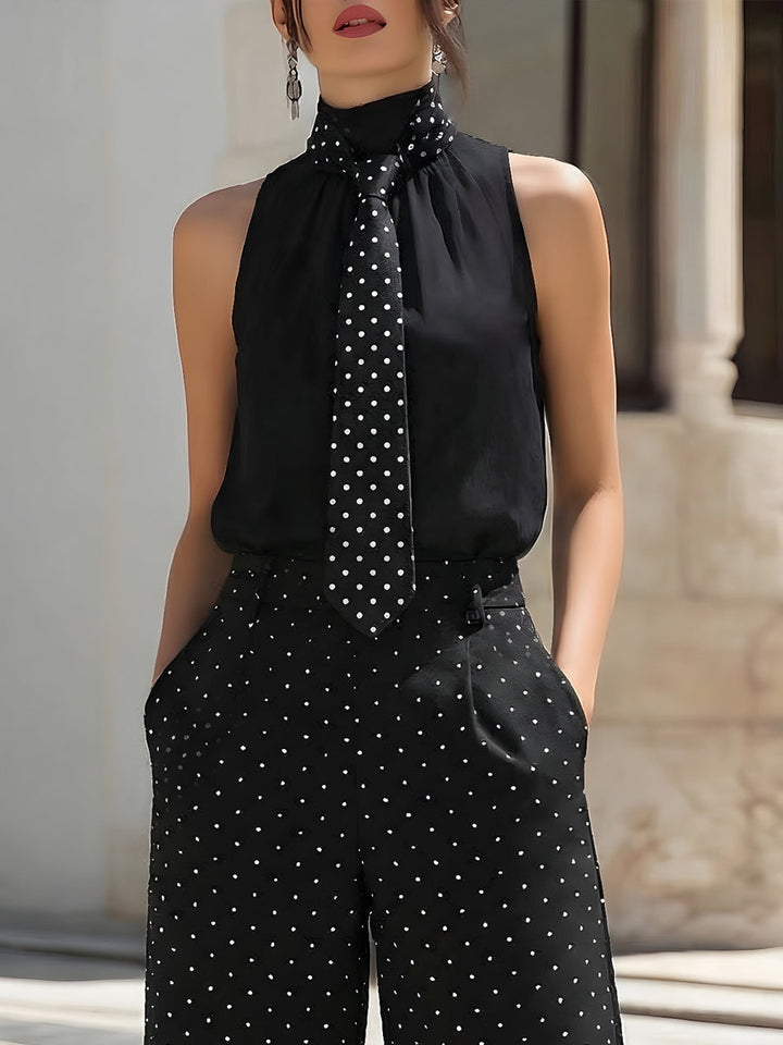 Polka Dot Tie-Neck Blouse & Wide-Leg Pants Set