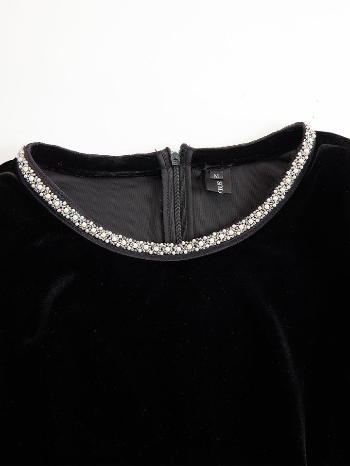 Elegant Velvet Mini Dress With Embellished Neckline And Floral Cuff Detail
