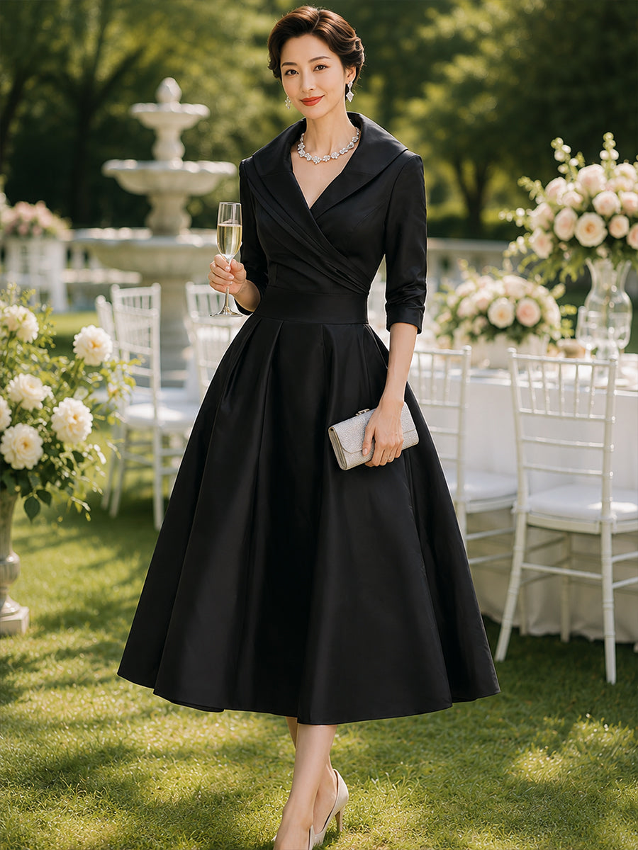 Vintage-Inspired Satin Midi Dress With Draped Collar