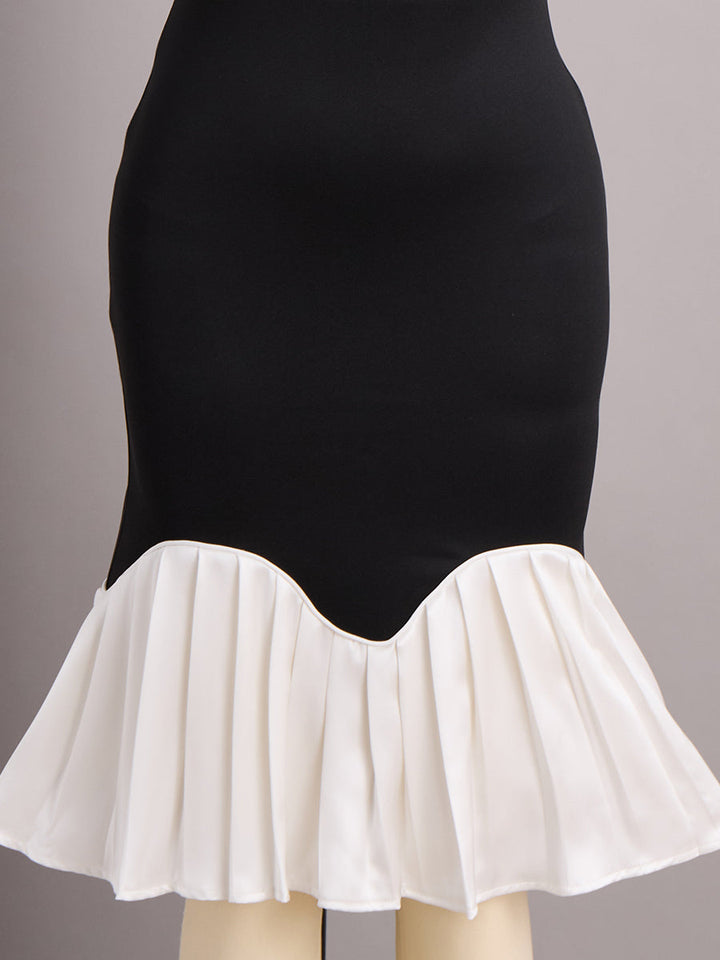 Elegant Black and White High Neck Midi Dress