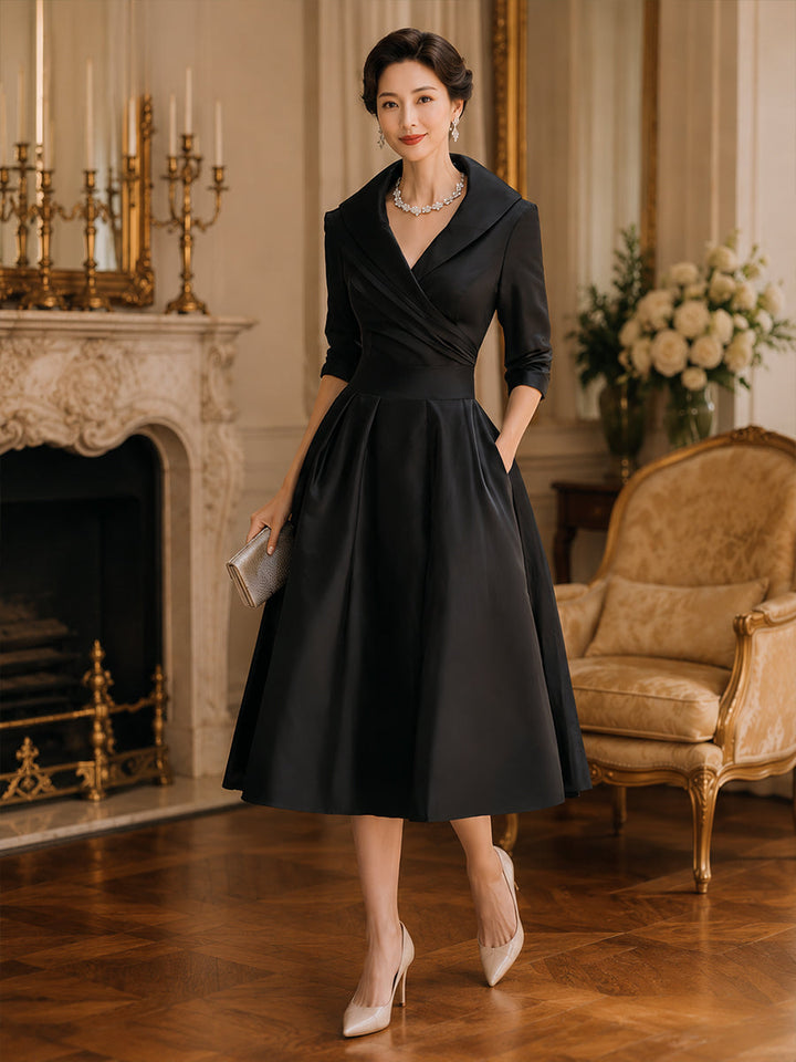 Vintage-Inspired Satin Midi Dress With Draped Collar