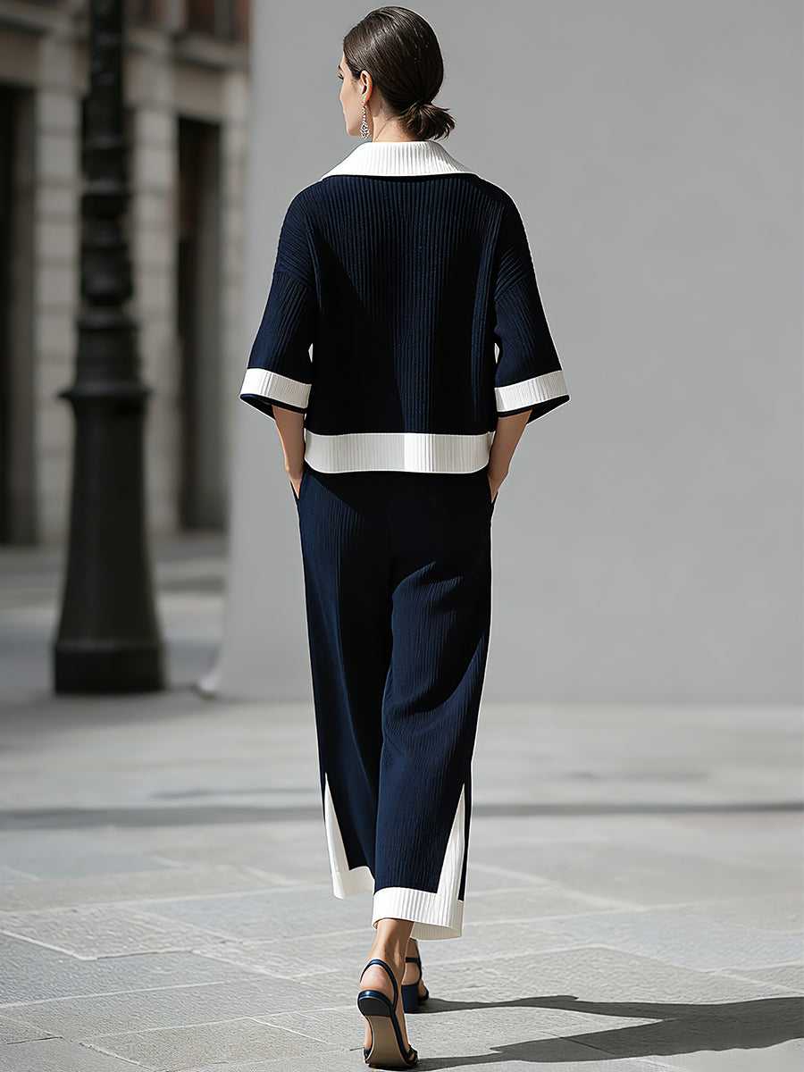 Sophisticated Nautical Ribbed Knit Two-Piece Lounge Set