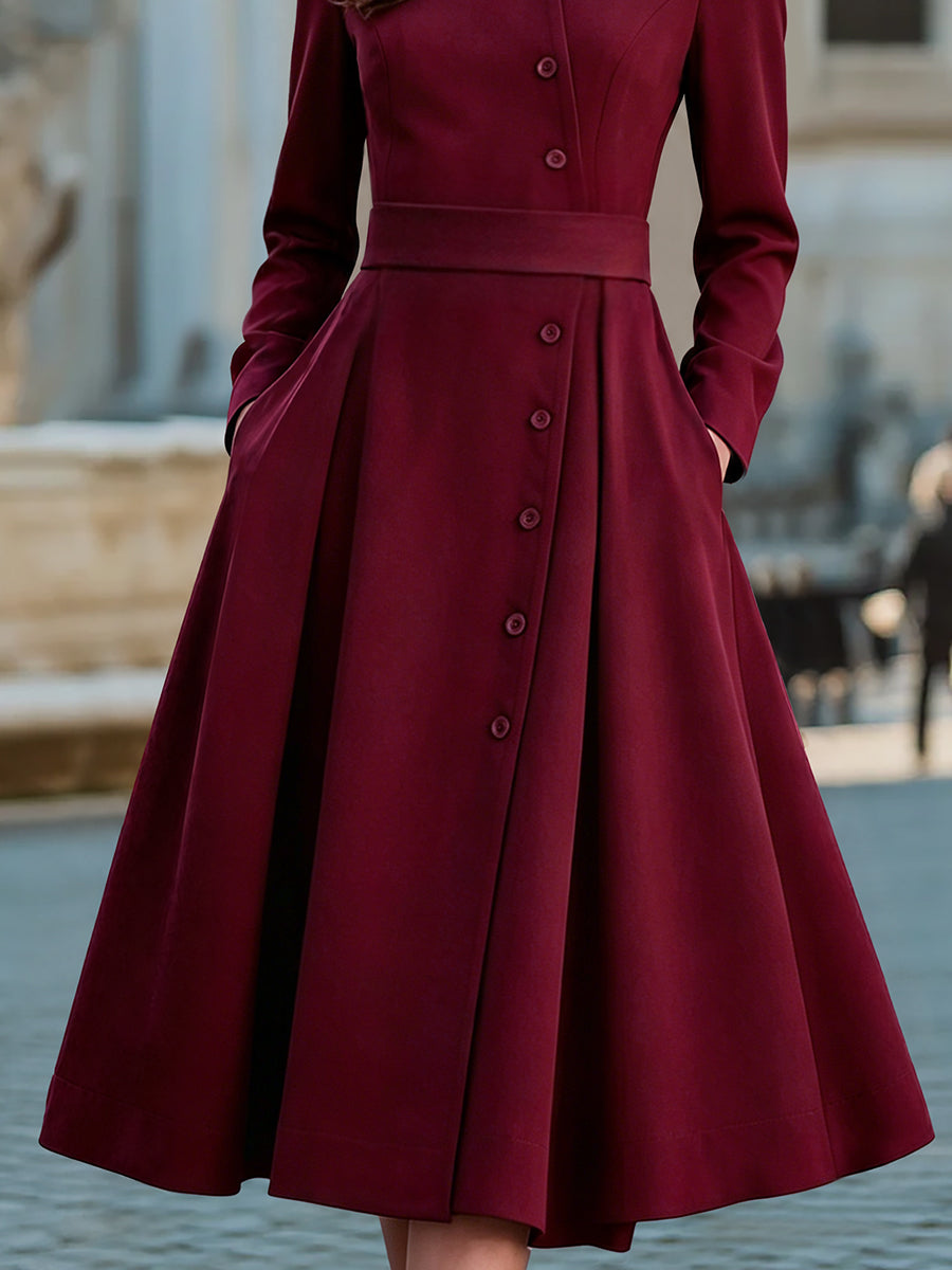 Elegant Band Collar Button-Down Midi Dress With Belt