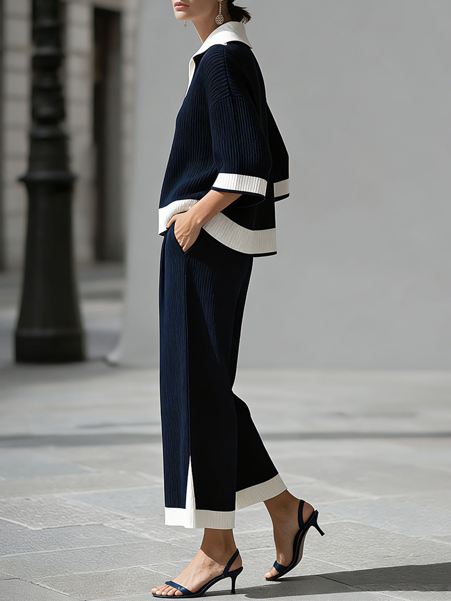 Sophisticated Nautical Ribbed Knit Two-Piece Lounge Set