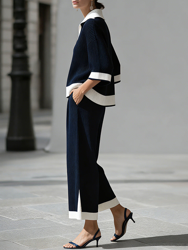 Sophisticated Nautical Ribbed Knit Two-Piece Lounge Set