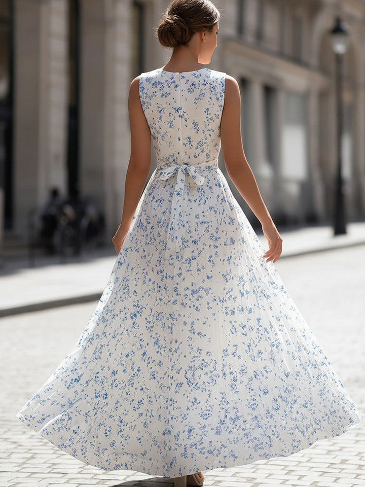 White & Blue Ditsy Floral Sleeveless Pleated Maxi Dress