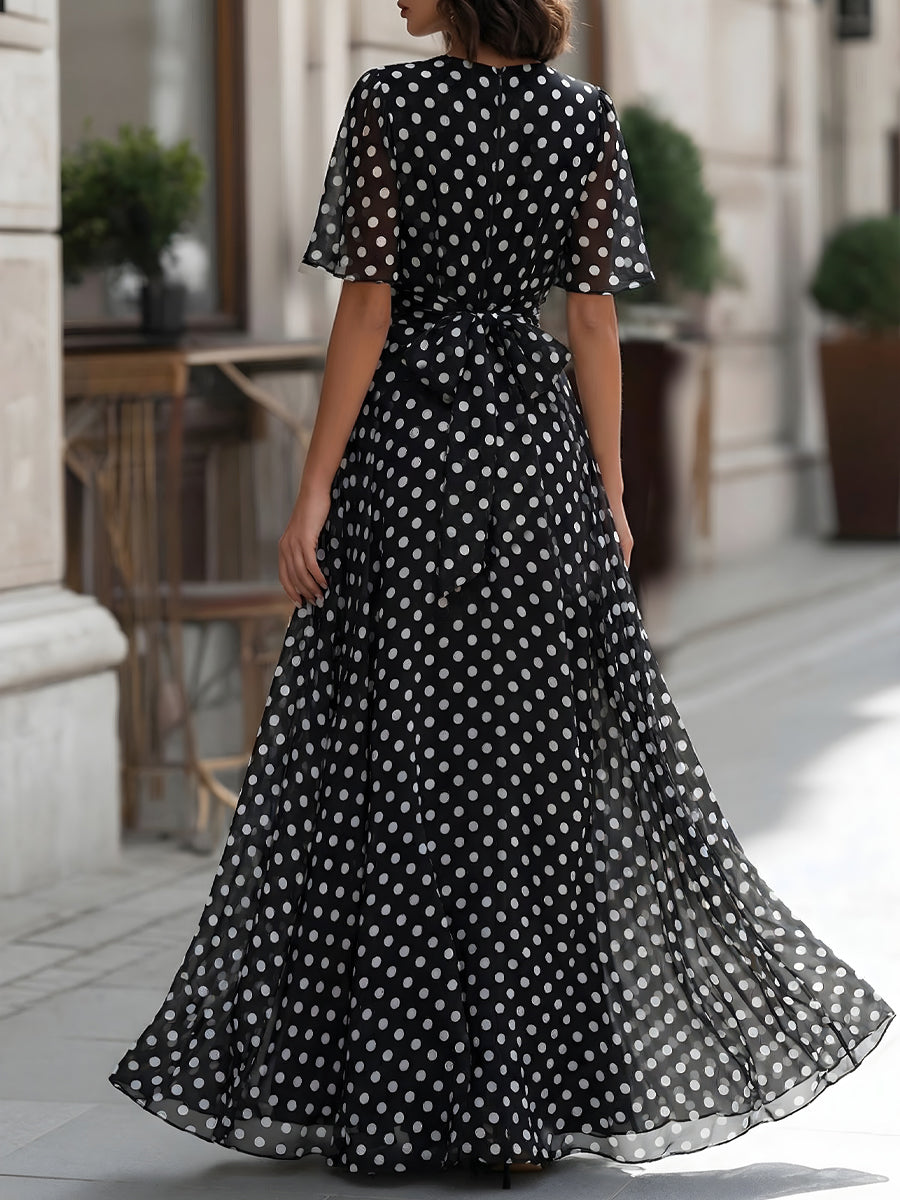 Polka Dot Chiffon V-Neck Maxi Dress