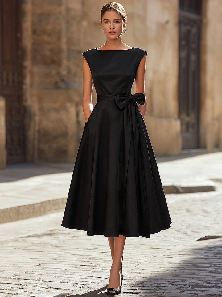 Timeless Elegance Boat-Neck A-Line Midi Dress With Oversized Side Bow