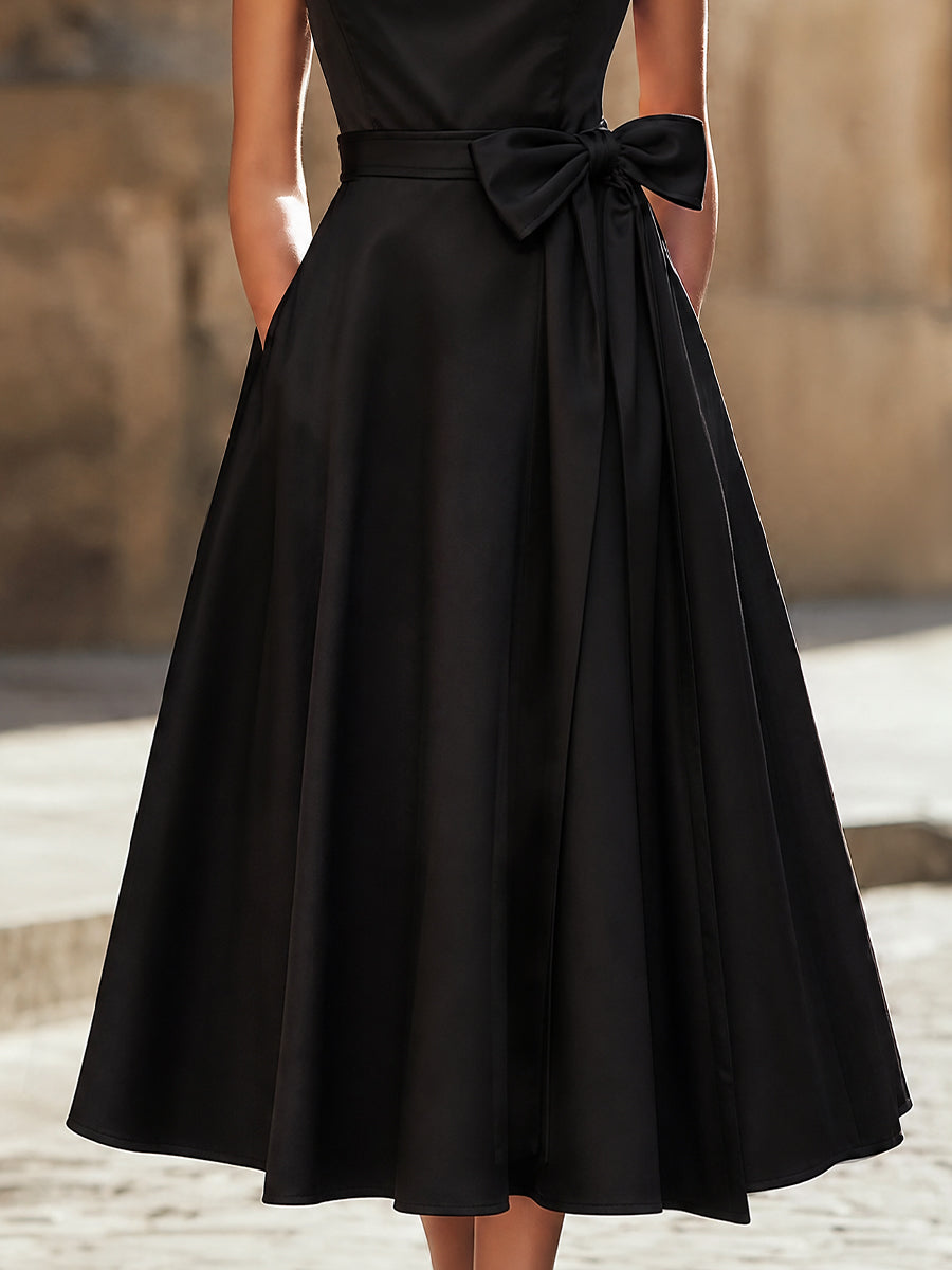 Timeless Elegance Boat-Neck A-Line Midi Dress With Oversized Side Bow