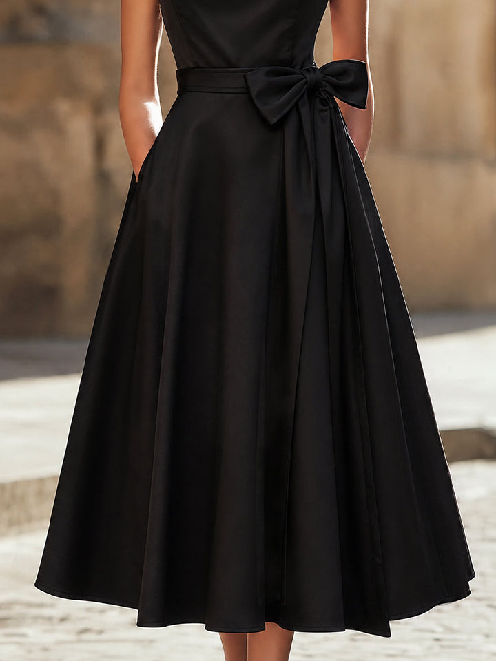 Timeless Elegance Boat-Neck A-Line Midi Dress With Oversized Side Bow