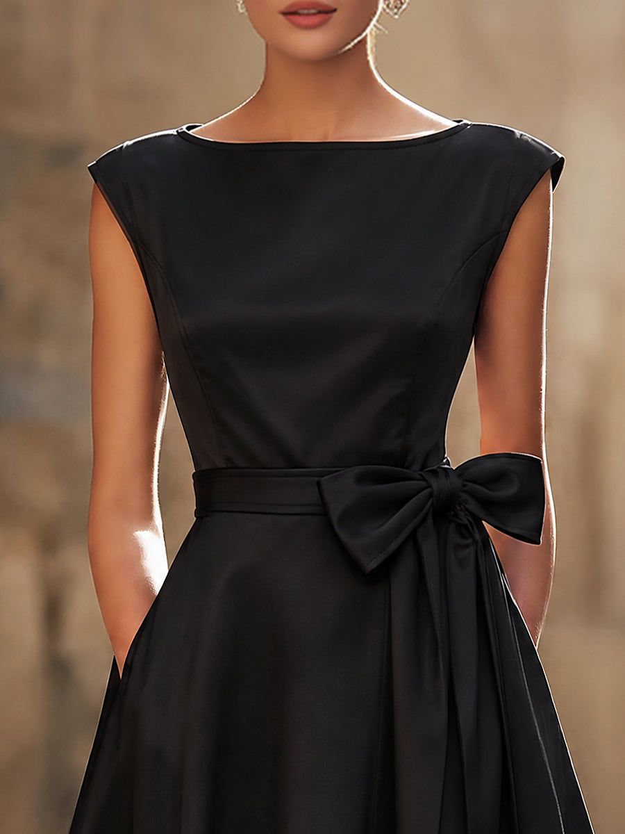 Timeless Elegance Boat-Neck A-Line Midi Dress With Oversized Side Bow
