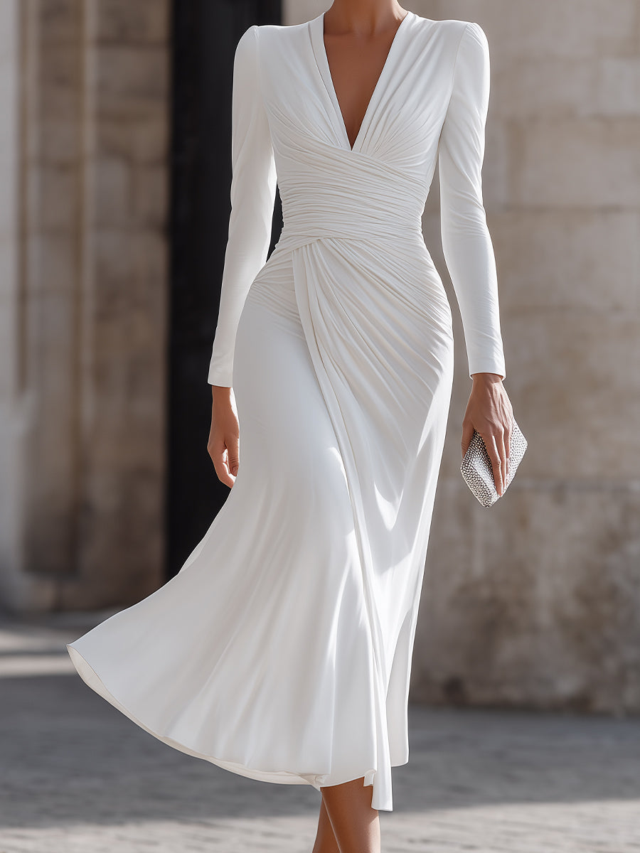 Ruched V-Neck Long Sleeve Midi Dress