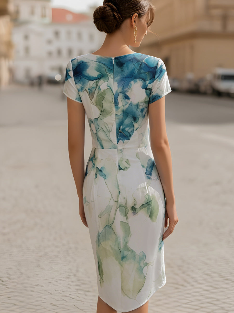 Draped Cowl-Neck Print Midi Dress