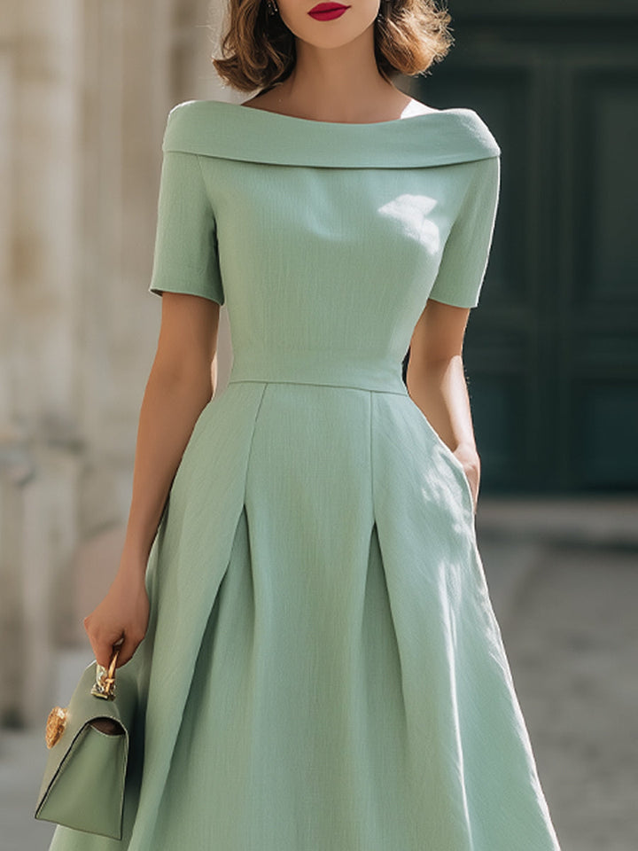Mint Green Off-Shoulder Short Sleeve Fit-and-Flare Midi Dress With Pockets