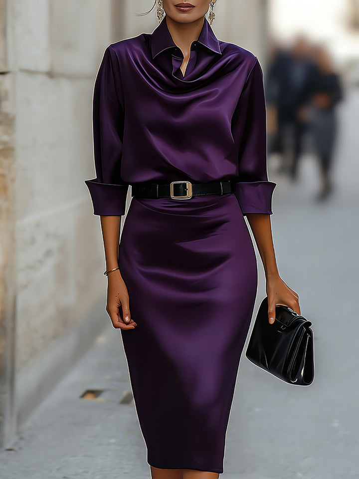 Elegant Satin Draped-Collar Midi Dress With Black Belt