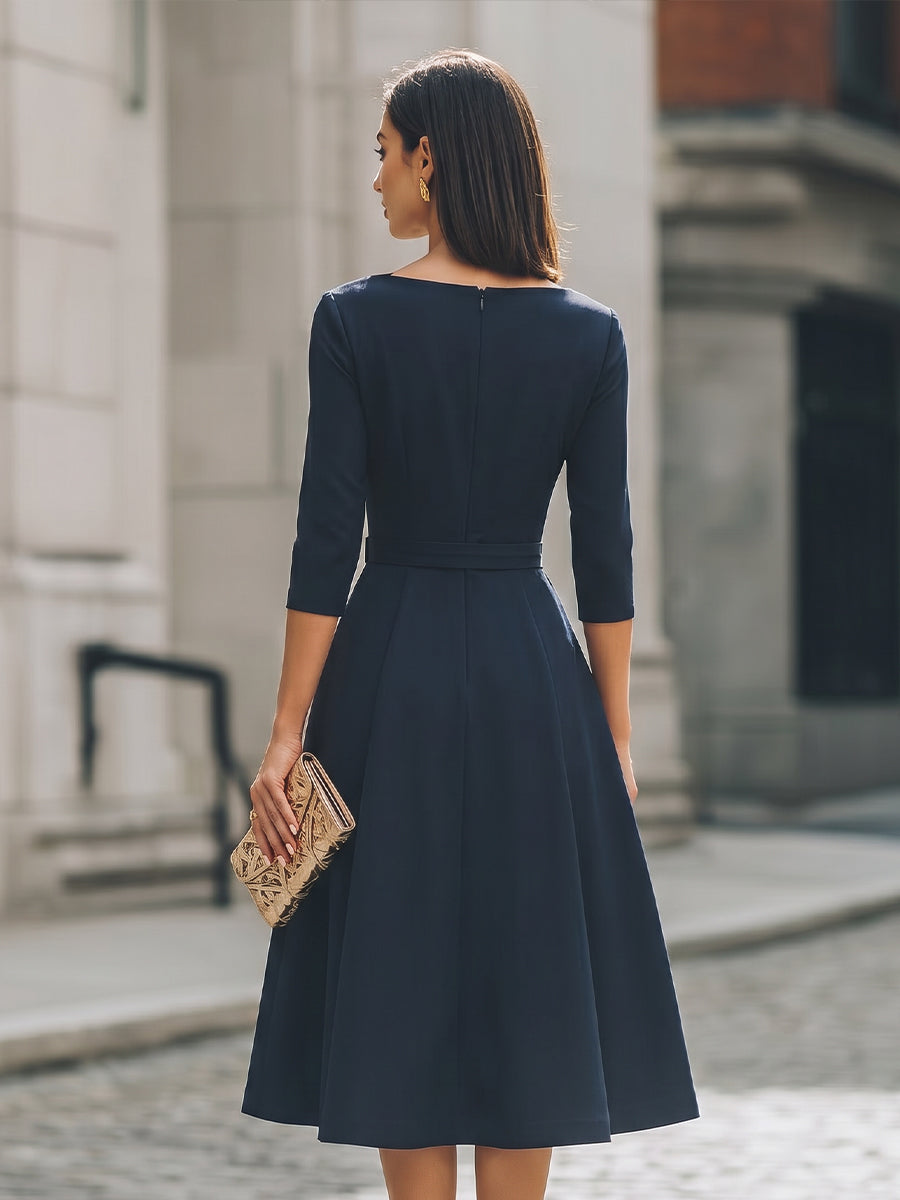 Belted Boat Neck A-Line Midi Dress