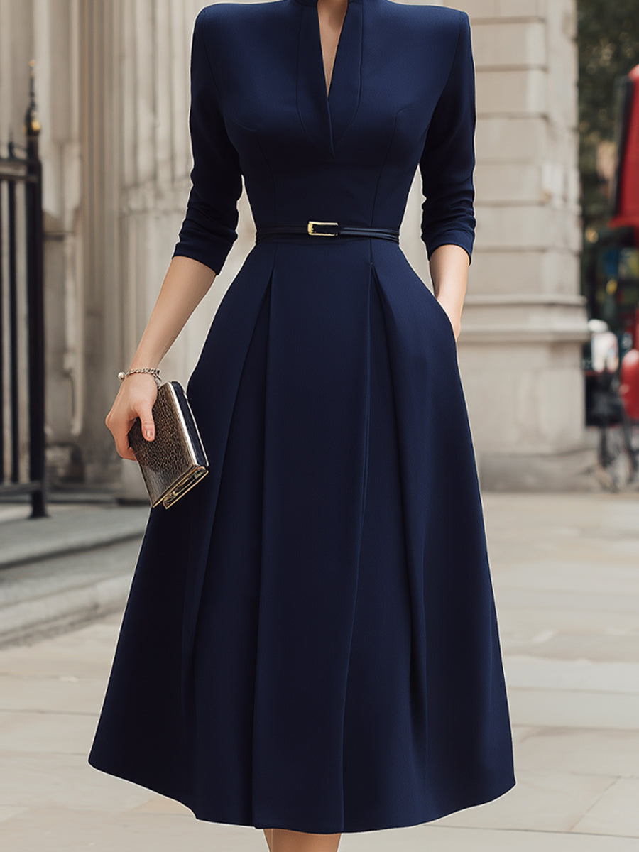 Structured Notch Neck Belted Midi Dress