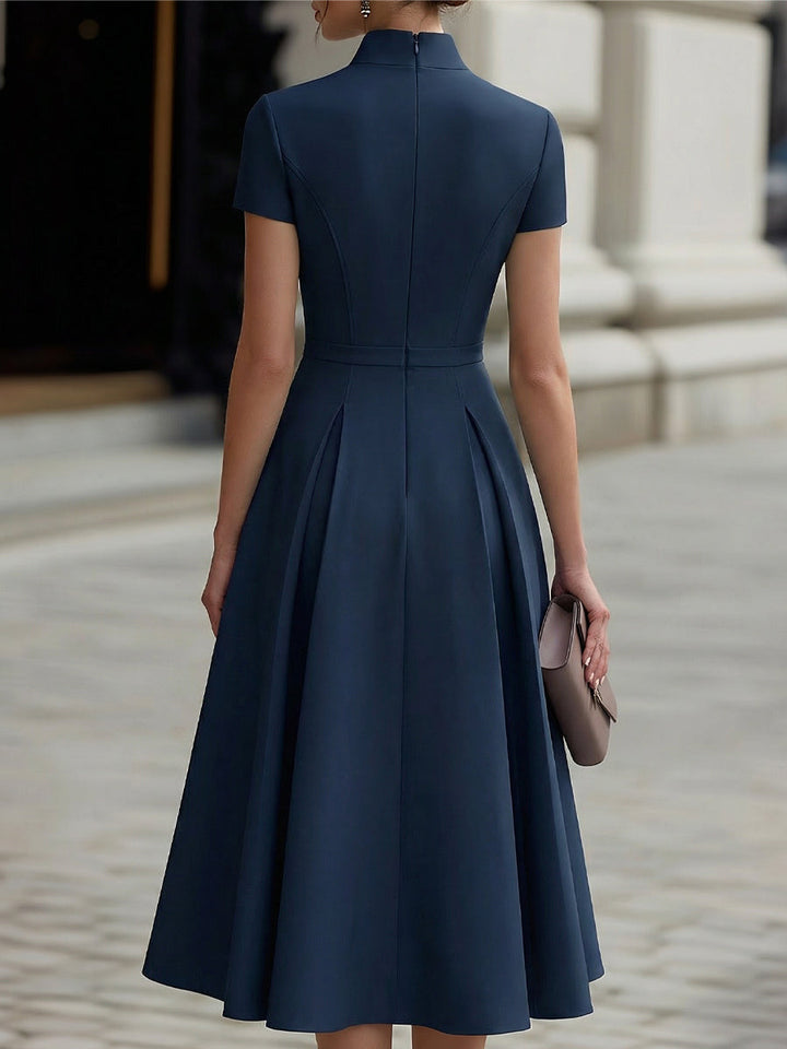 Zip-Front Short Sleeve Fit & Flare Midi Dress