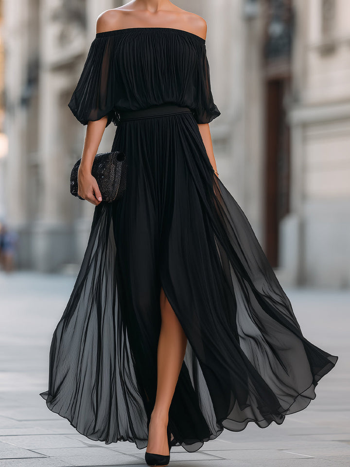 Off-Shoulder Pleated Chiffon Maxi Dress
