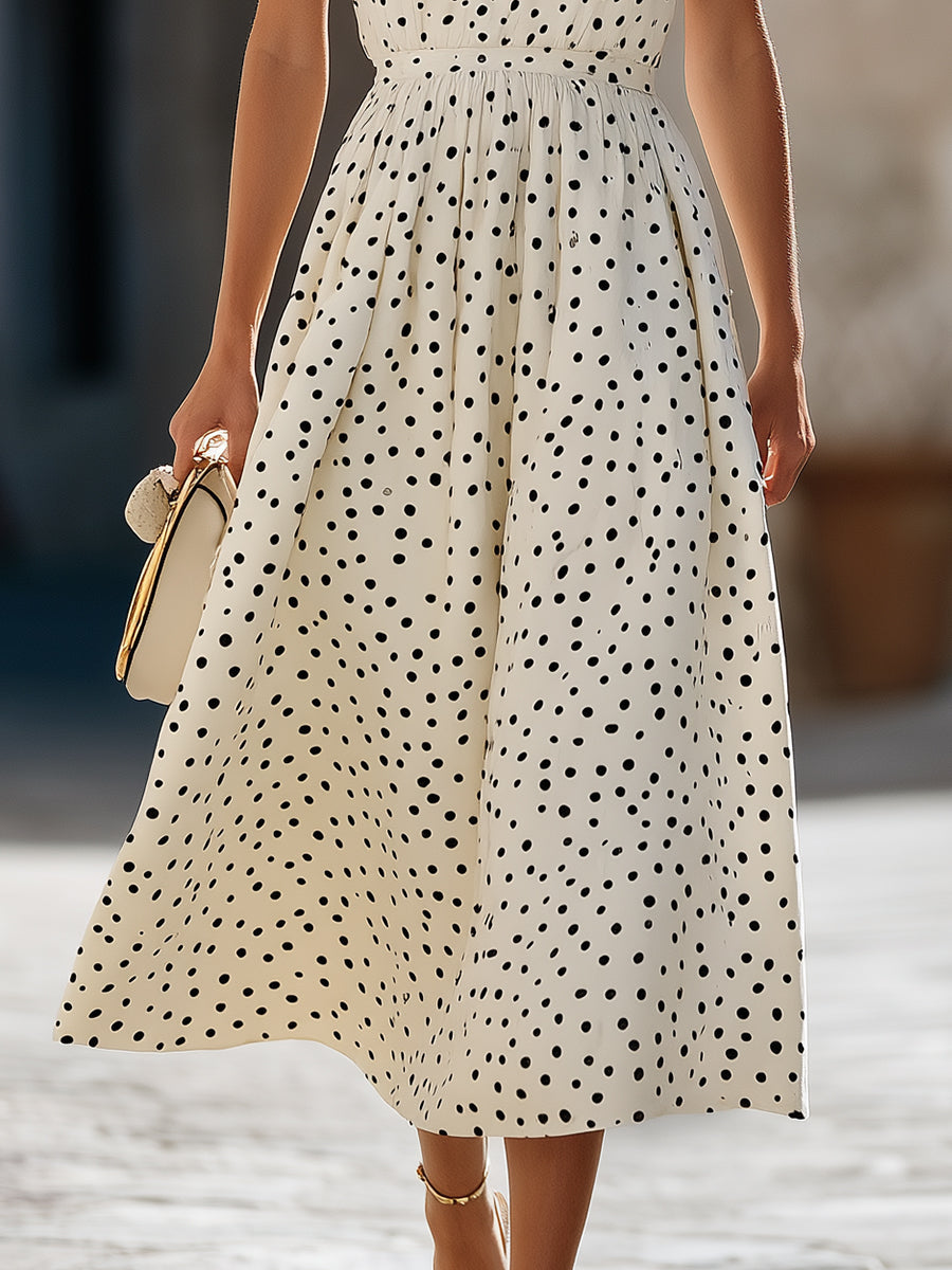 Timeless Sleeveless Polka Dot Midi Dress With Gathered Waist