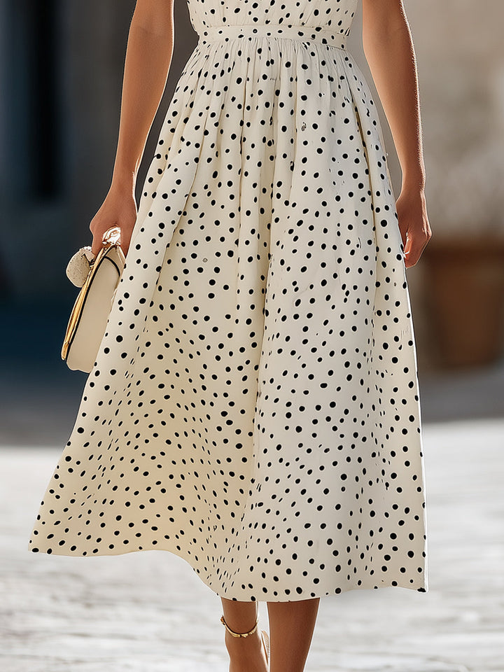 Timeless Sleeveless Polka Dot Midi Dress With Gathered Waist