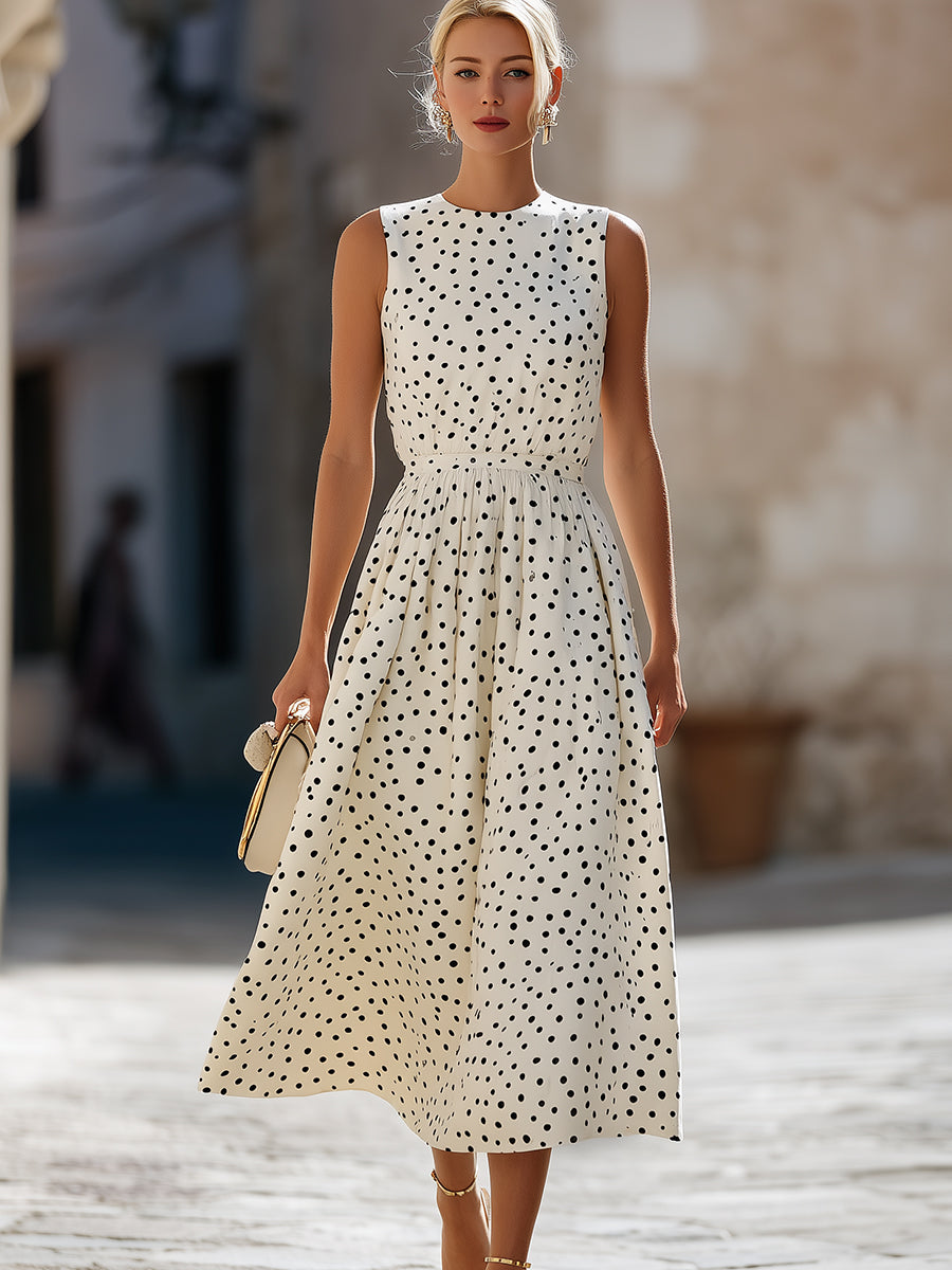 Timeless Sleeveless Polka Dot Midi Dress With Gathered Waist