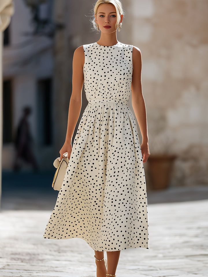 Timeless Sleeveless Polka Dot Midi Dress With Gathered Waist