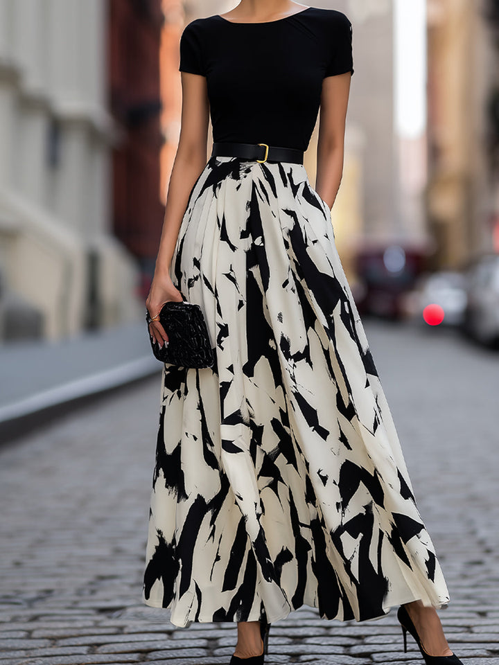 Abstract Print Pleated Maxi Dress