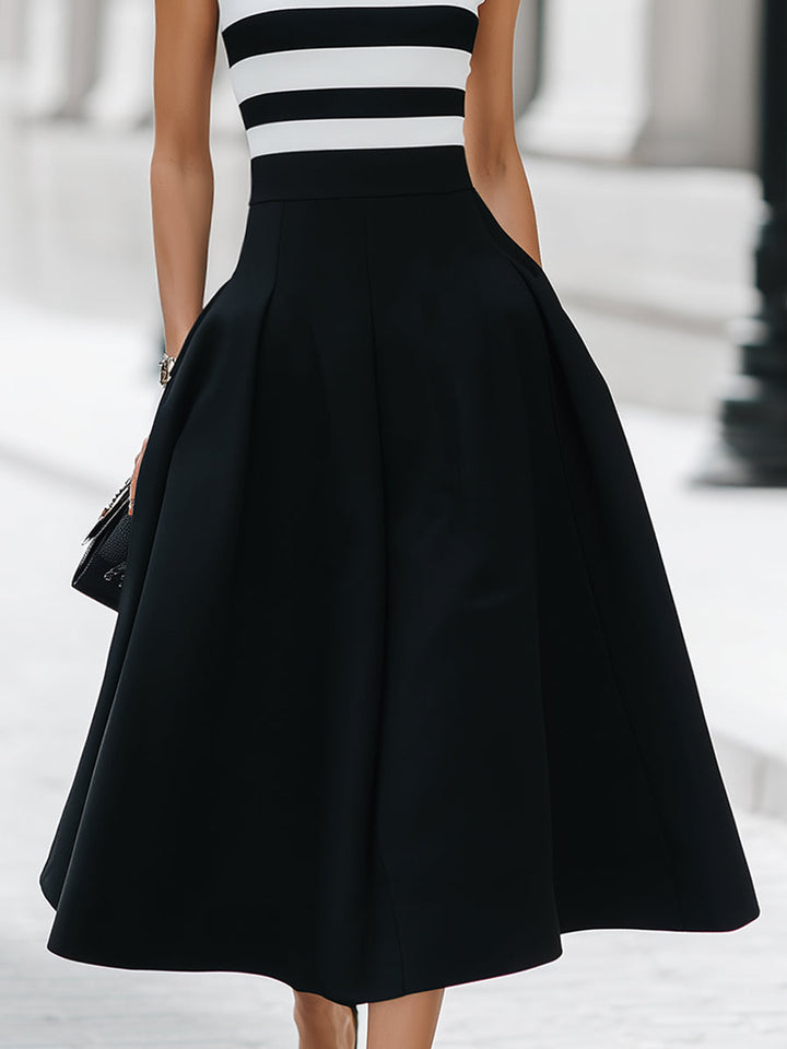 Chic Striped Sleeveless Midi Dress With Pockets