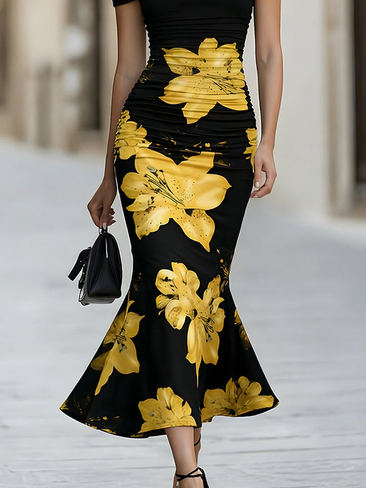 Off-Shoulder Ruched Yellow Lily Floral Mermaid Midi Dress