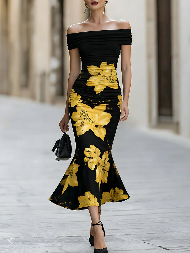 Off-Shoulder Ruched Yellow Lily Floral Mermaid Midi Dress