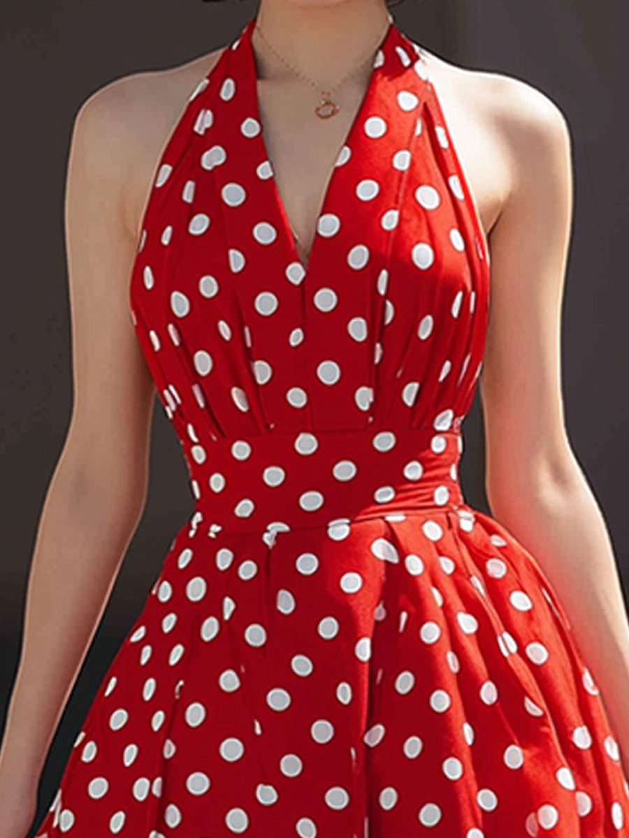 Halter V-Neck Polka Dot A-Line Midi Dress