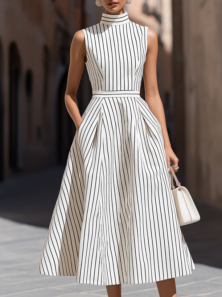 Elegant Pinstripe High Neck Sleeveless Fit & Flare Midi Dress