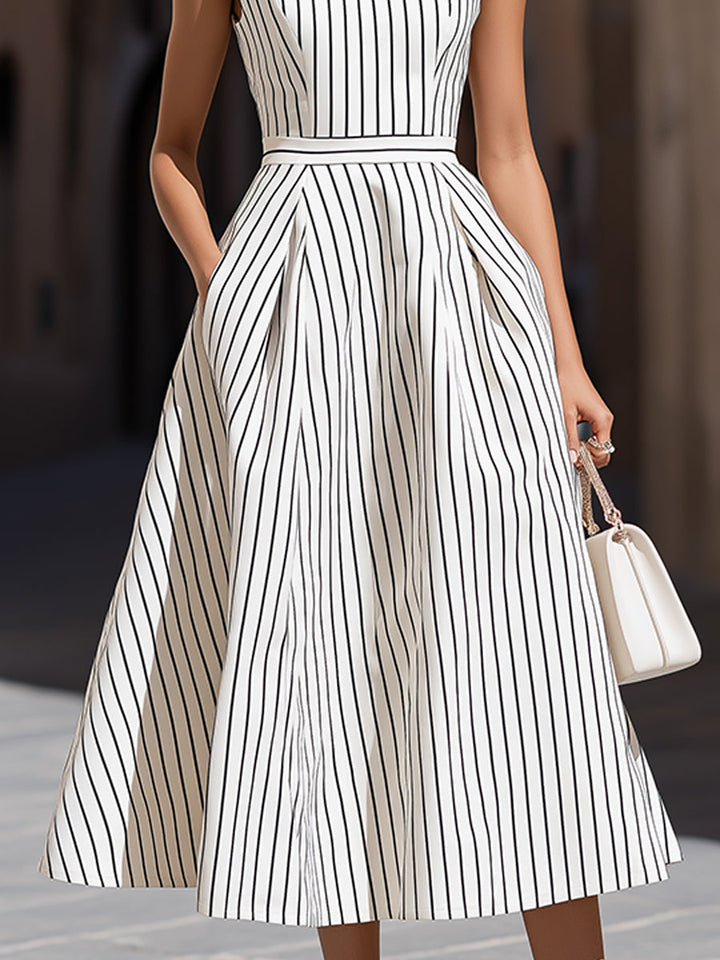 Elegant Pinstripe High Neck Sleeveless Fit & Flare Midi Dress